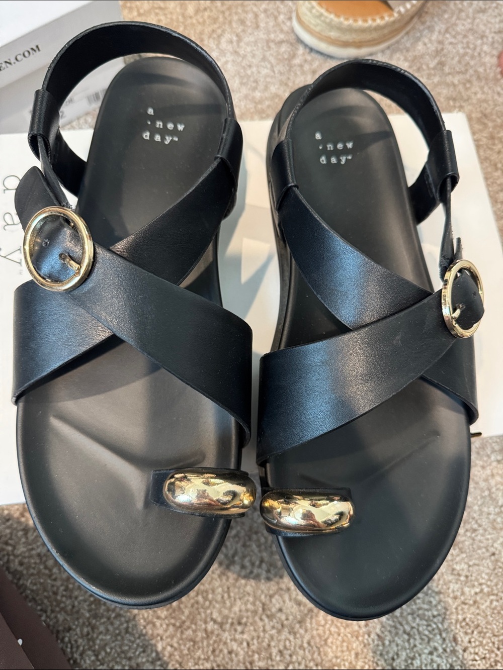 a new day Black Cross-Strap Sandals with Gold Accents
